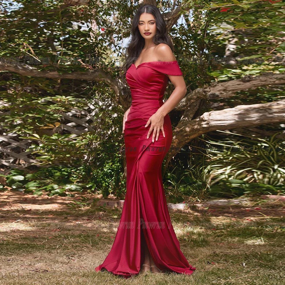 Burgundy Prom Dresses For Woman 2024 Side Slit Off Shoulder Pleat Sweetheat Floor Length Satin Beach Evening Party Gowns