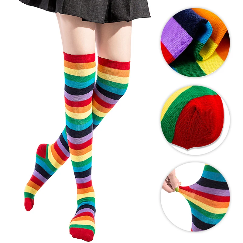 Knee High Rainbow Socks Thigh High Striped Knee Socks Rainbow Striped Socks Stockings for Christmas Cosplay Costume Party