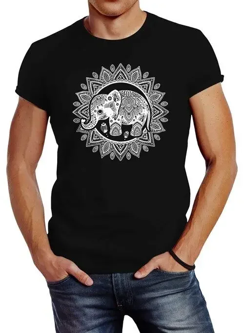 Mens Elephant Mandala Boho Bohamian Ethno Tribal Ornament Slim Fit T-Shirt-