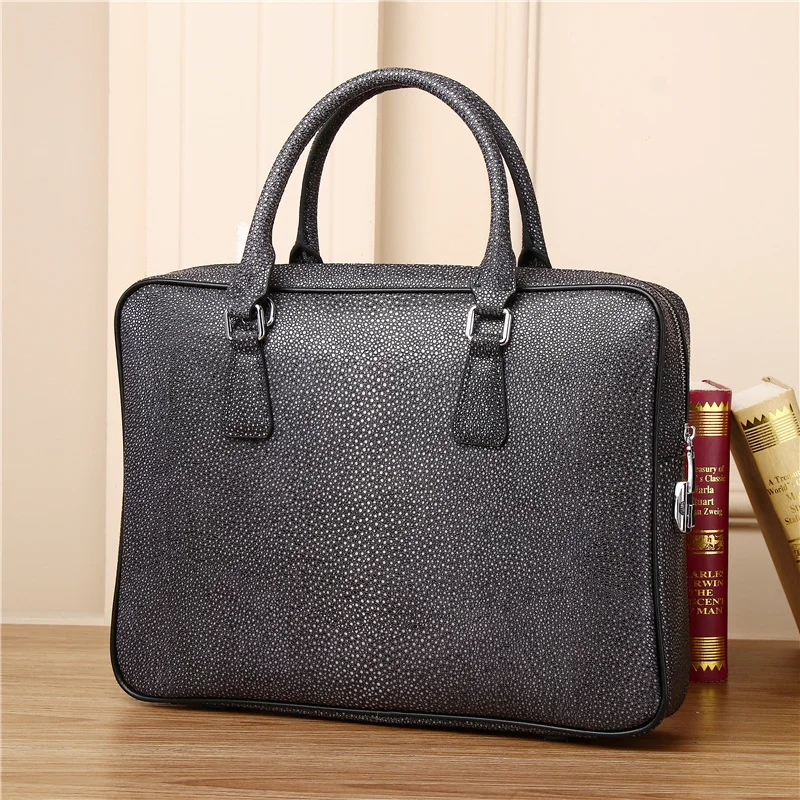 Genuine leather handheld business briefcase, pearl fish computer bag, multifunctional devil fish one shoulder crossbody bag