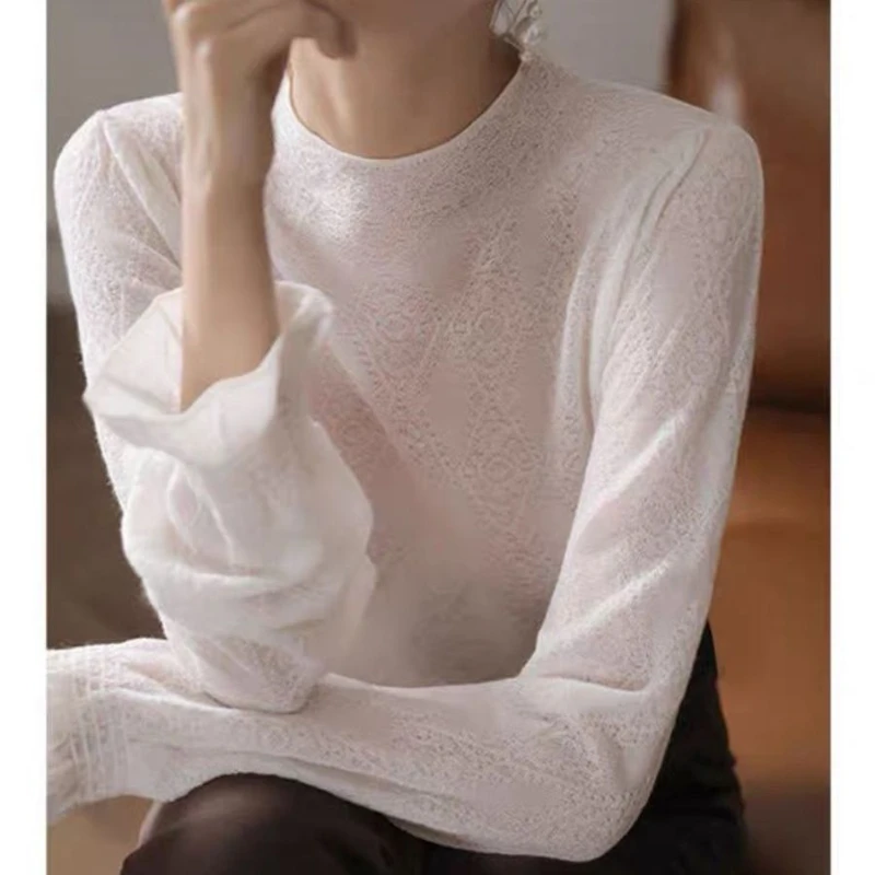 

French Hollow Knitted Lace Autumn Minimalist New Style Temperament Base Knit Sweater Long Sleeved Commuting Top