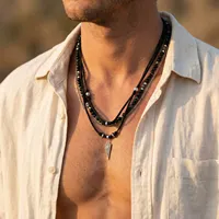 Collier en cuir superposé avec pendentif triangle en métal Vnox, perles d'onyx noir, pour homme et femme, longueur réglable, bijoux bohèmes, cadeau 1