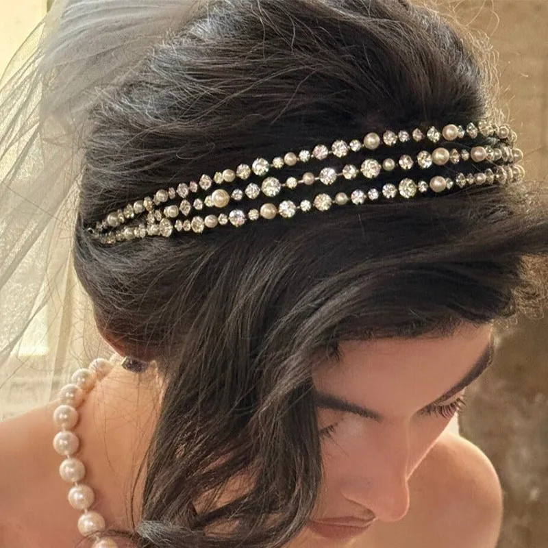 

Gold Plated Multi-layer pearl hair chain women's simple bridal wedding headgear high-end fashion Crystal plug comb