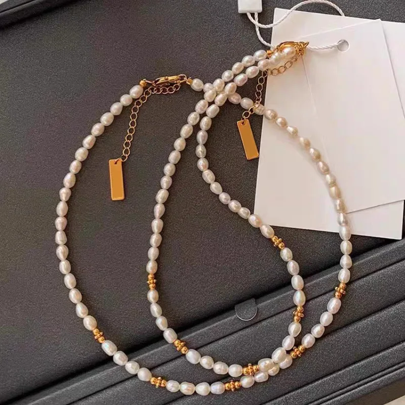 

French Style Rice Grain Freshwater Irregular Baroque Pearl Brass Gold-Plated Beaded Necklace Elegant Internet Celebrity Clavicle
