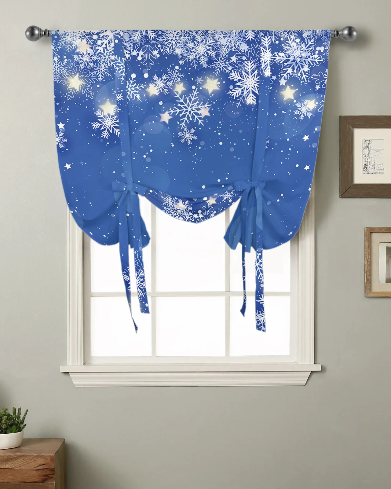 Christmas Snowflake Blue Short Balloon Curtain Tie Up Valance Home Room Kitchen Partition Decor Rod Pocket Window Curtain