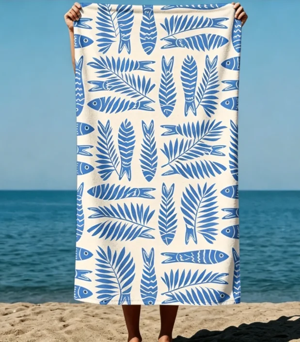 Boho Blue Fish Beach Towel, Microfiber Sand Free Quick Dry, Summer Ocean Print, Soft Absorbent