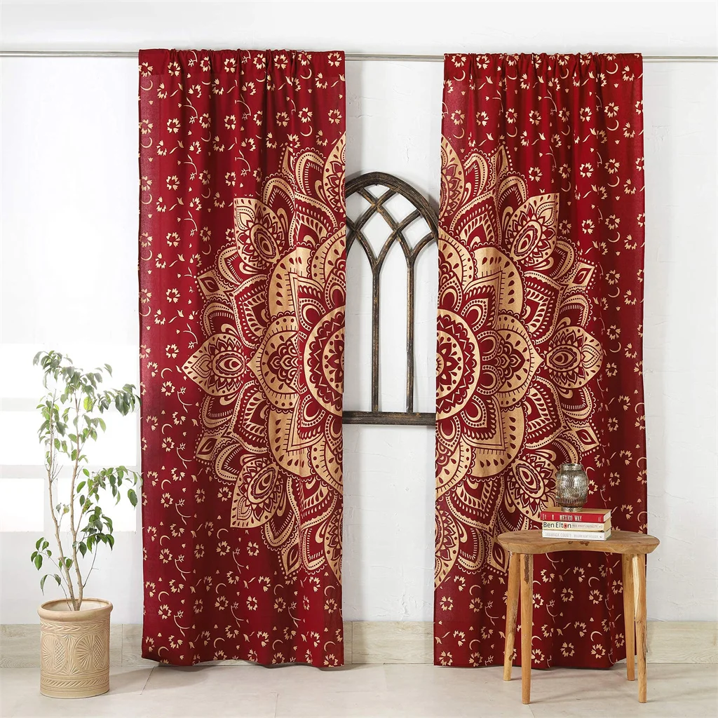 Chinese Style Golden Leaf Lotus Buddha Curtain, Home Bedroom Living Room Shade Curtain, a Set of Two Pieces