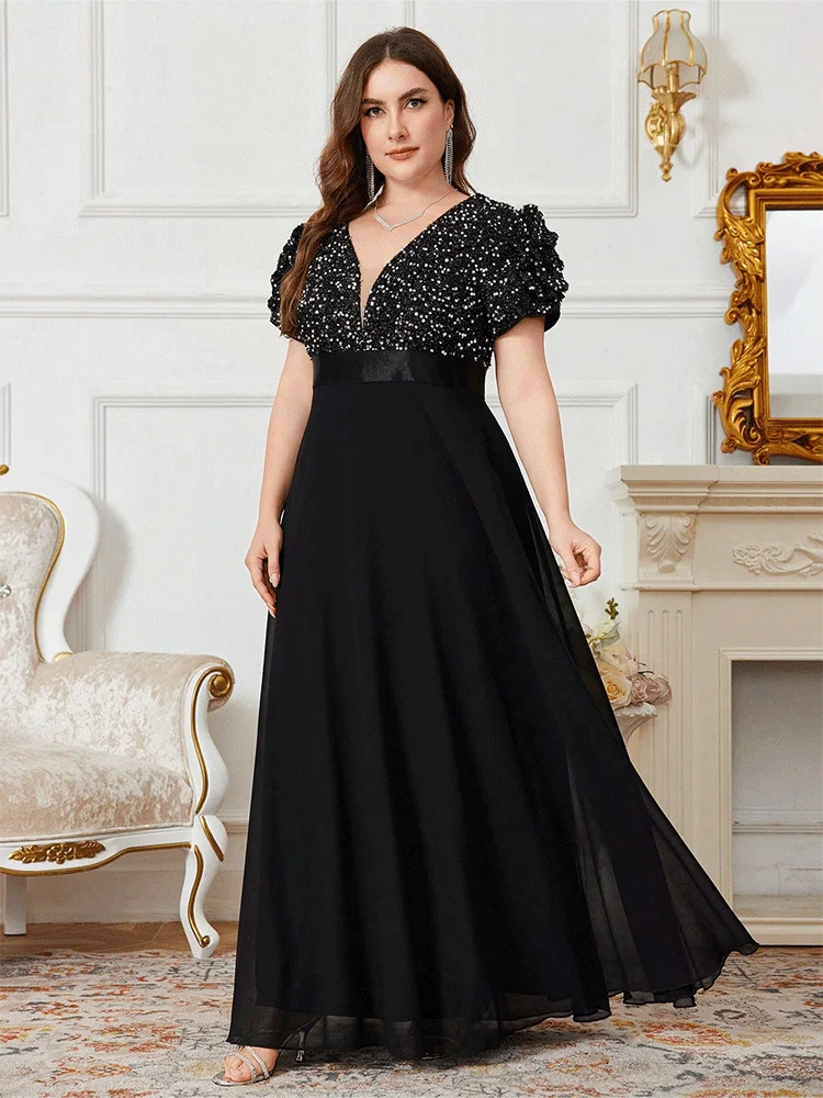 Grande taille col en v noir longueur au sol robe de soirée brillante grande taille en mousseline de soie demoiselle d'honneur de luxe 4xl5xl robe de soirée de mariage pour dames
