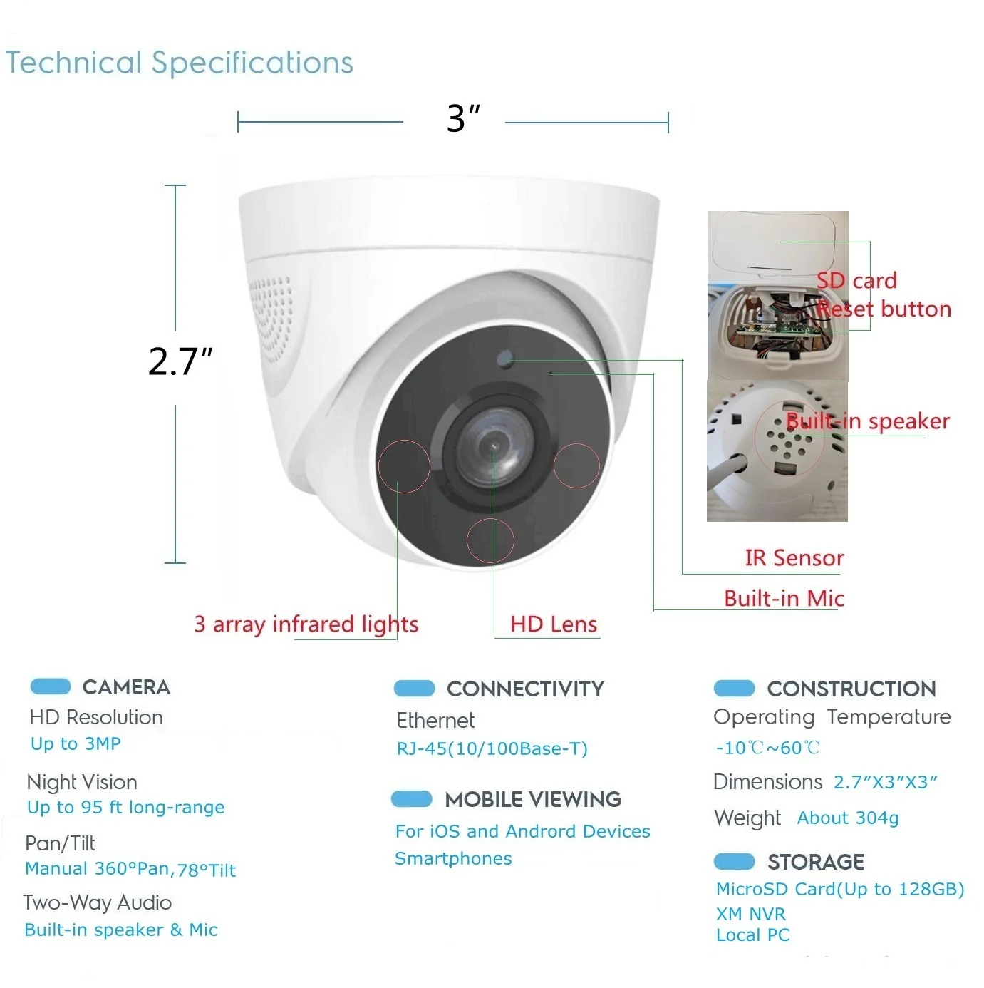 XM H.265 3MP 2K กล้อง IP PoE กล้องรักษาความปลอดภัยโดมในร่มกล้อง2-Way Audio AI Smart Motion Detection นาฬิกาปลุก P2P รองรับ Micro SD