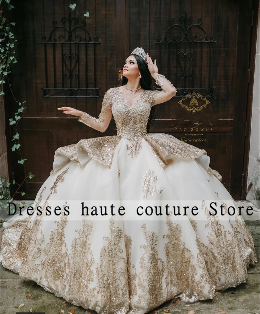 

Cinderella Sequin Lace-Up quinceanera dressess Corset Ball Gown 2022 Sheer Sleeves Pearls Sweet 16 Dress Vestidos De 15 Años