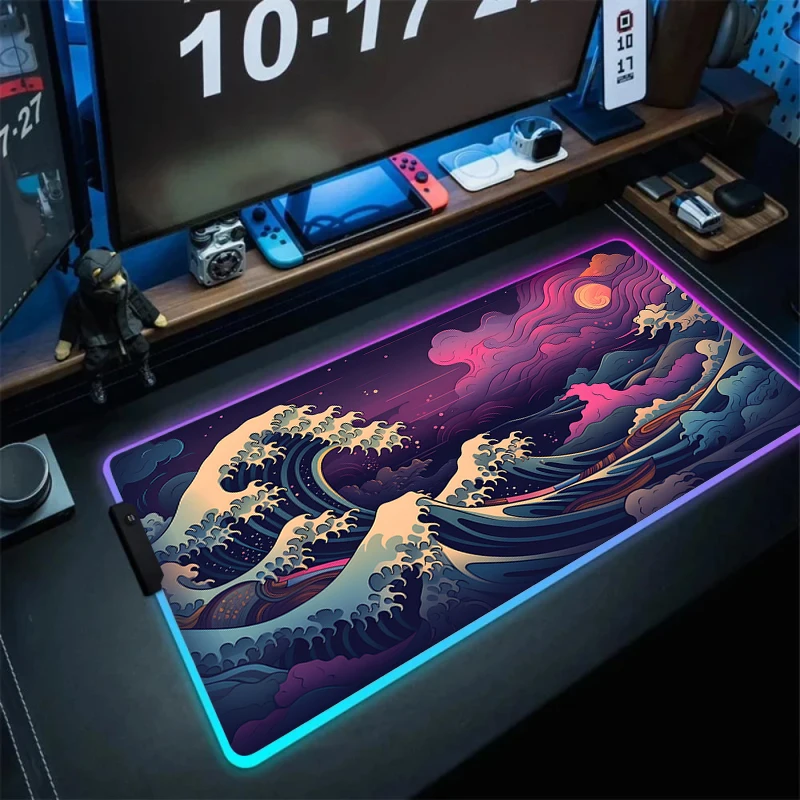 Imagem -02 - Rgb Mouse Pad com Tapete Backlight Grande Tapete de Mesa Led Japão Grandes Ondas Arte Kawaii Gaming Acessórios Teclado de Computador Xxl