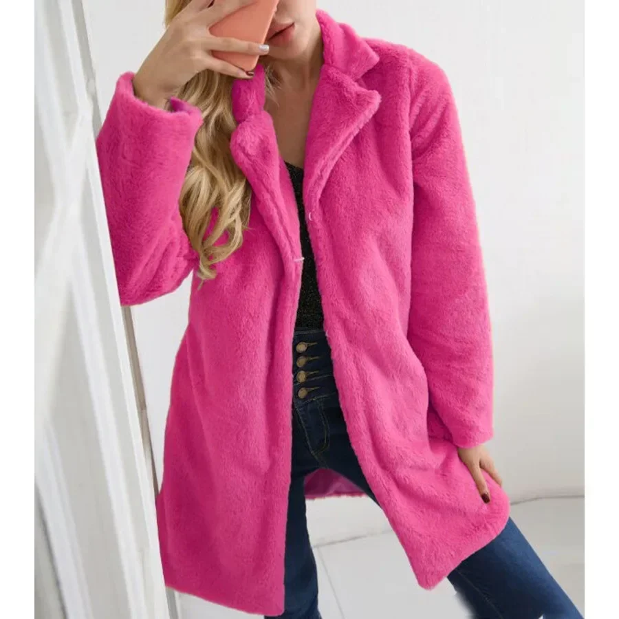 Rose Red Long Faux Fur Coat Jacket 2023 Women Autumn Winter Thick Warm Coats Woven Block Trend Fur Korean Coat Parkas