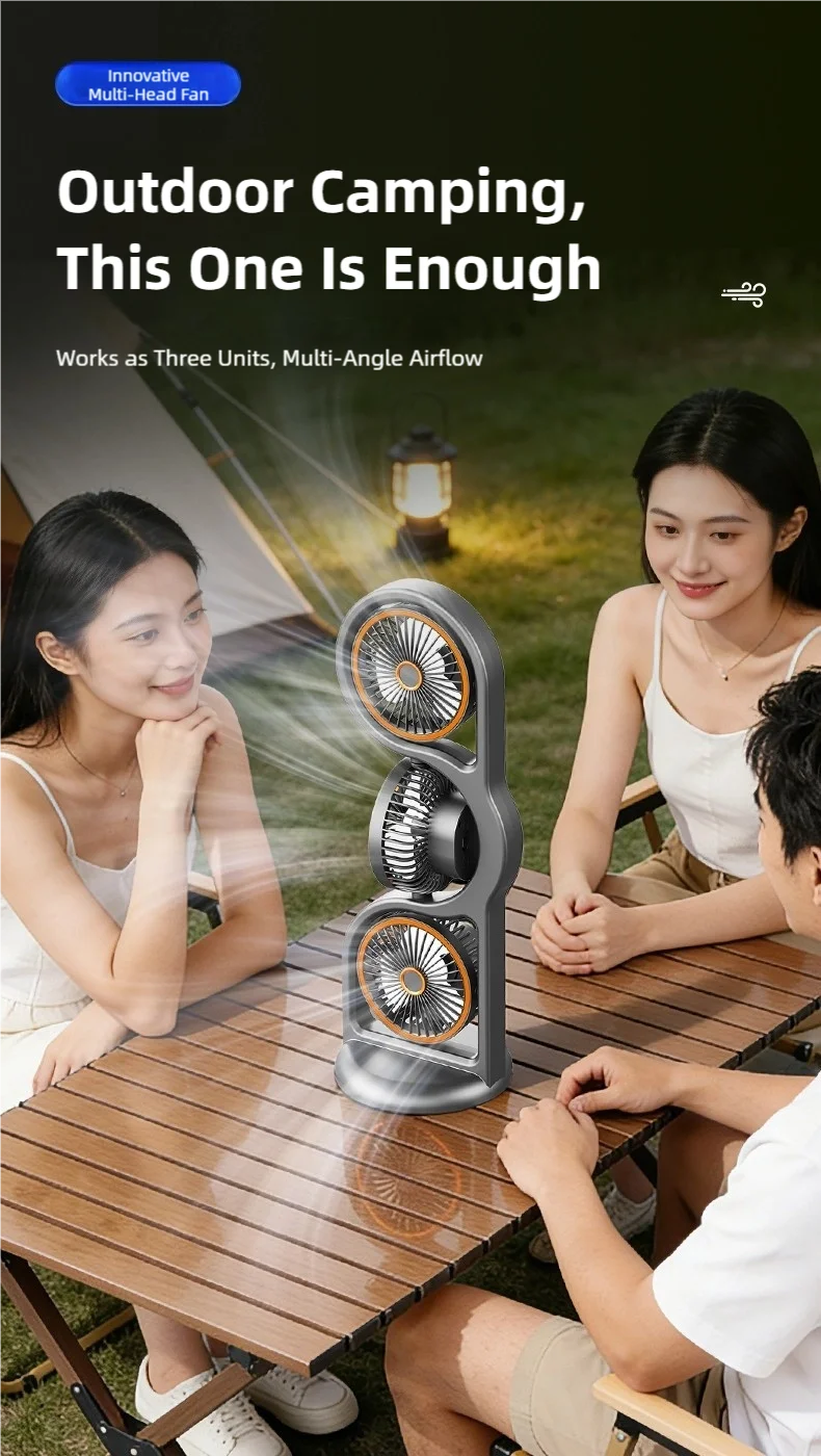 TINSOL 2026 New Portable USB Rechargeable Three-Head Fan – 360° Circulation, 5-Speed Wind, Dormitory and Outdoor Desktop Fan