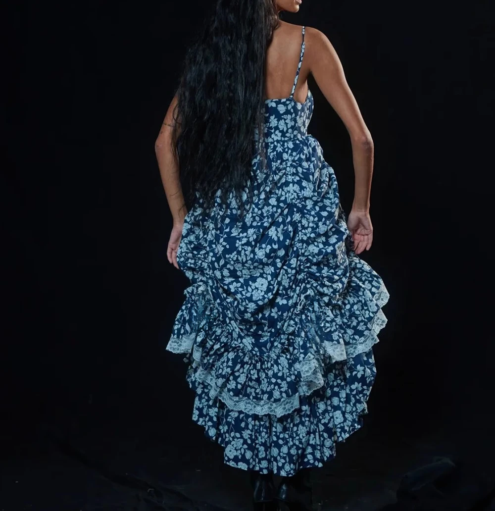 Floral impresso em camadas babados elegante vestido feminino sem mangas amarrado roupas de espaguete senhora streetwear chique vestidos bodycon