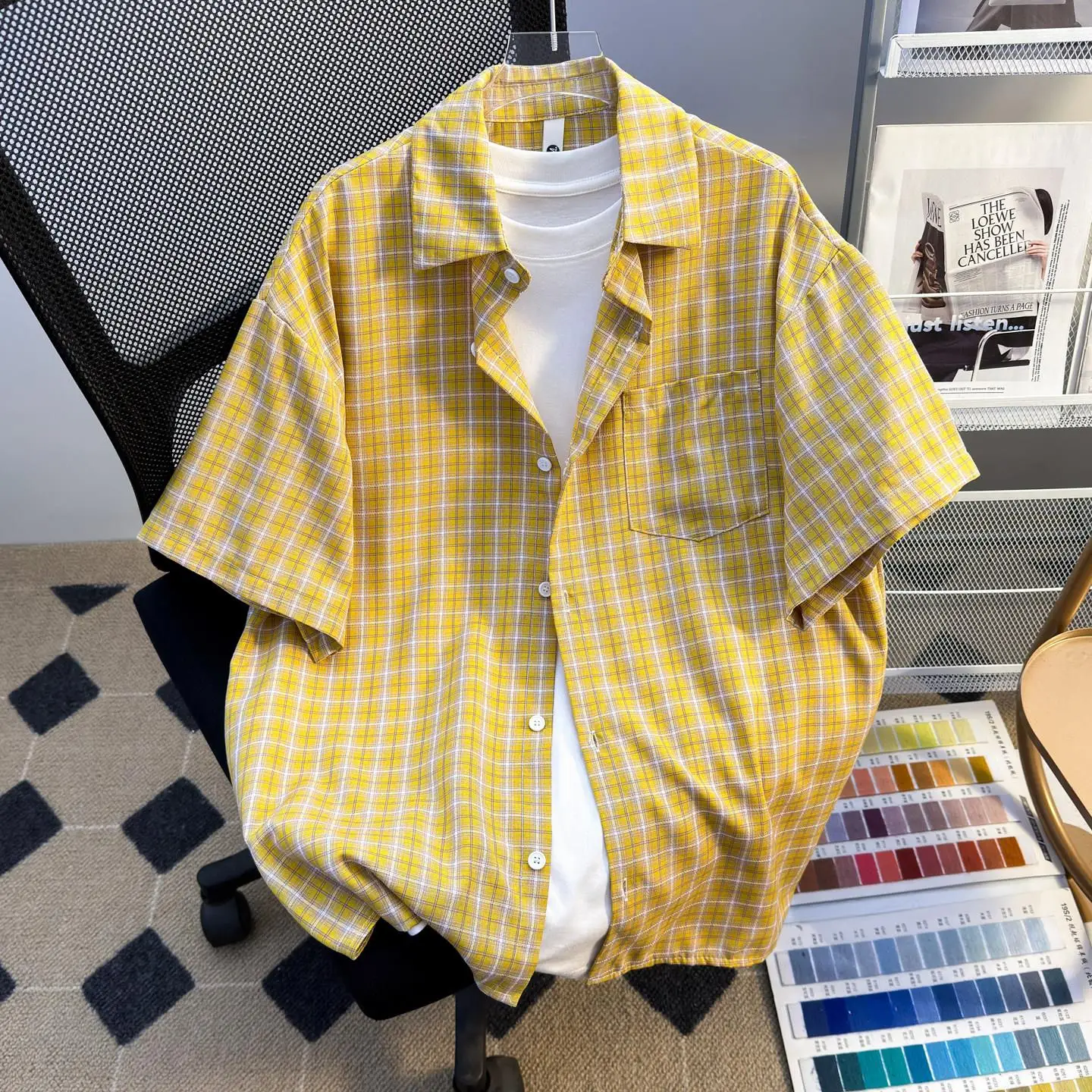 American Retro Plaid Men's Short Sleeve Shirt Casual Loose Summer Breathable Thin Fabric Youth Popular Style Coat Jacket