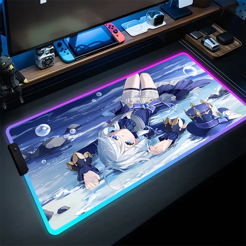 RGB Mouse Pad Furina G-Genshin Impact Non-Slip Rubber Edge locking mousepads Game play mats notebook computer With Backlit game