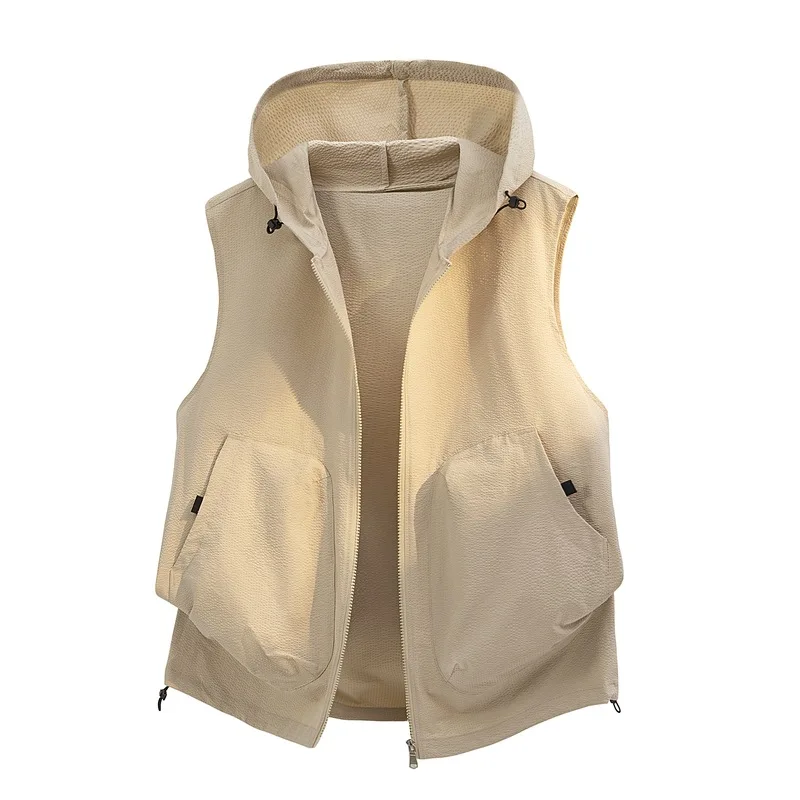 Men's Hooded Vest Casual Lightweight Breathable Sleeveless Hooded Outwear Summer Safari Style Pockets Hiking Camping Waistcoat