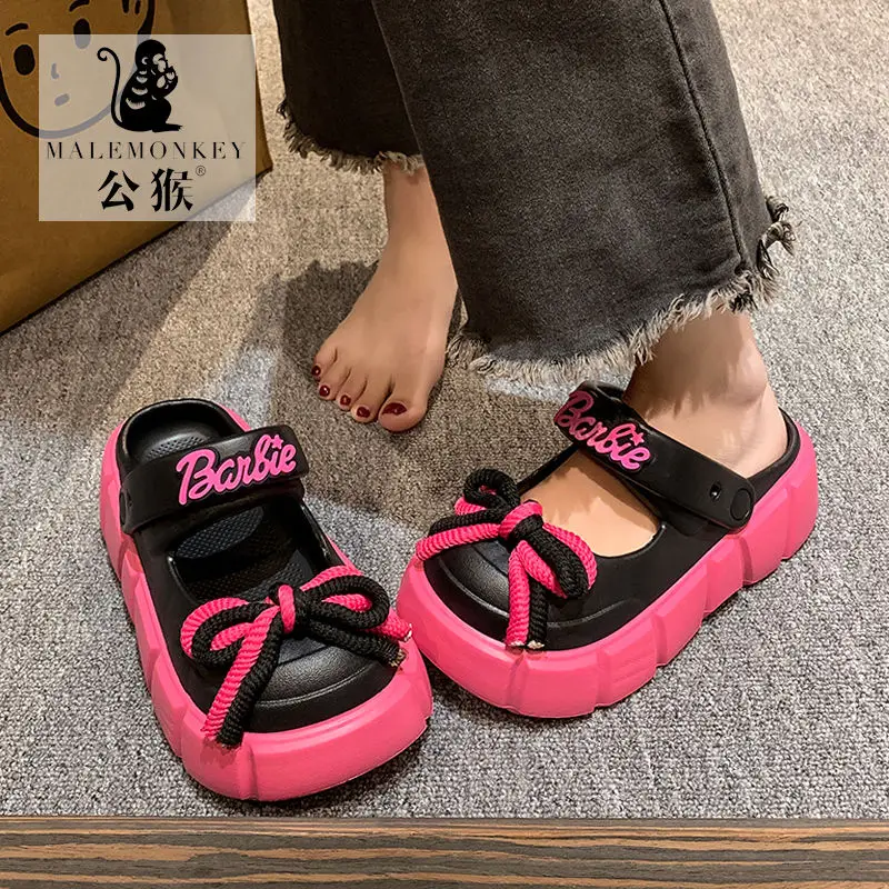 2024 Kawaii Barbie Summer Bow Barbies Baotou Elevated Slippers Y2K Women Cartoon Outdoors Sand Slippers Birthday Girl Gifts Toys