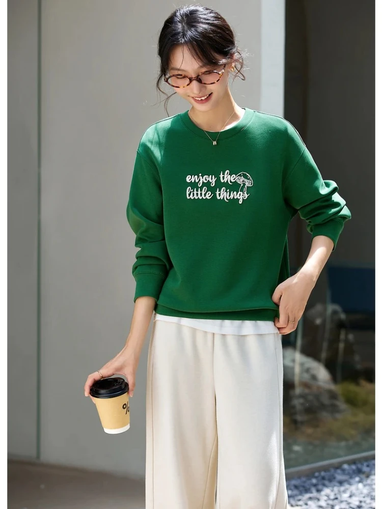 VIMLY Sweatshirts Women Fashion Autumn 2025 Casual Round Neck Loose Sweatshirt Letter Embroider Long Sleeve Knitted Tops A2106