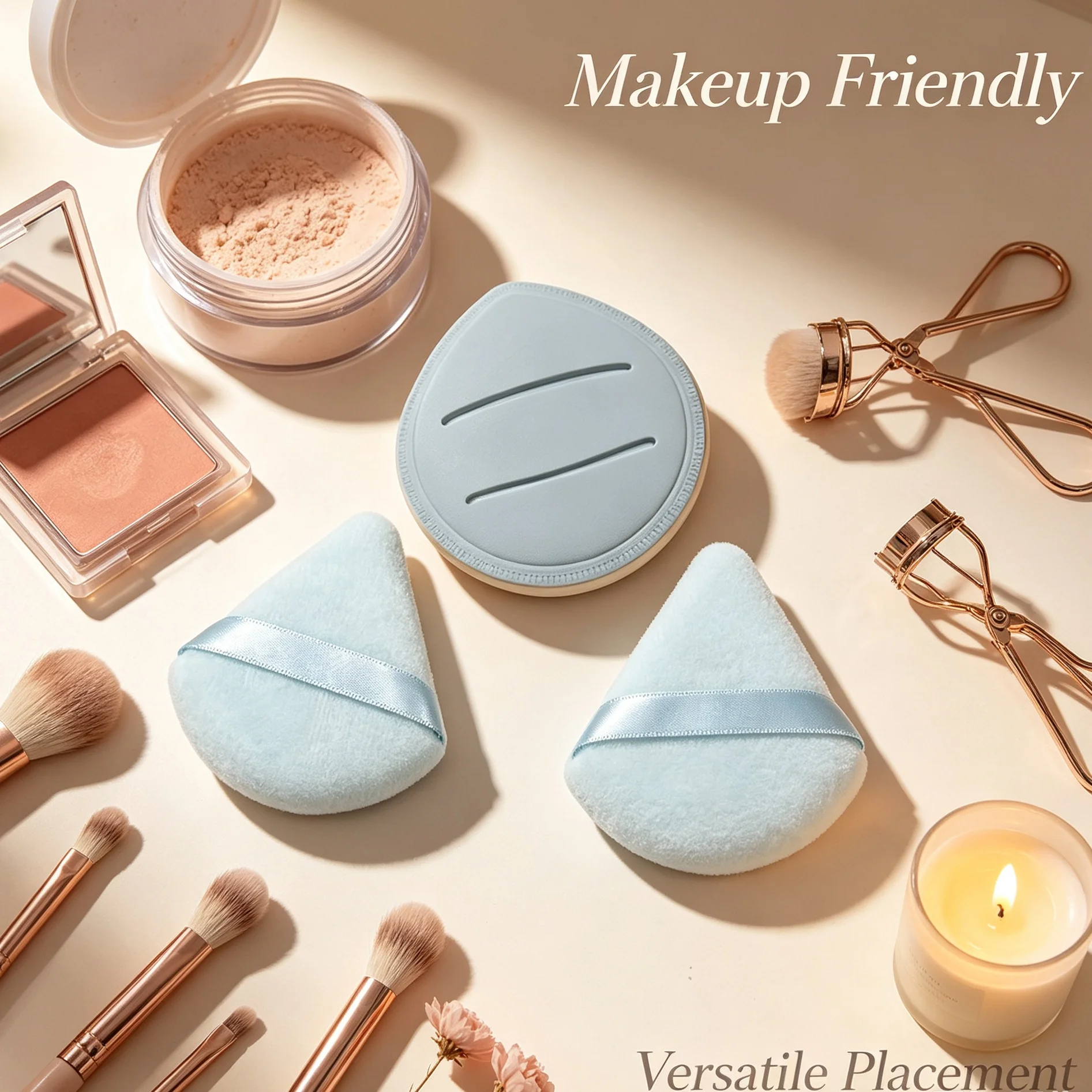 Light blue velvet-embossed loose powder puff, water drop cushion powder puff, three-piece set of makeup application tools.