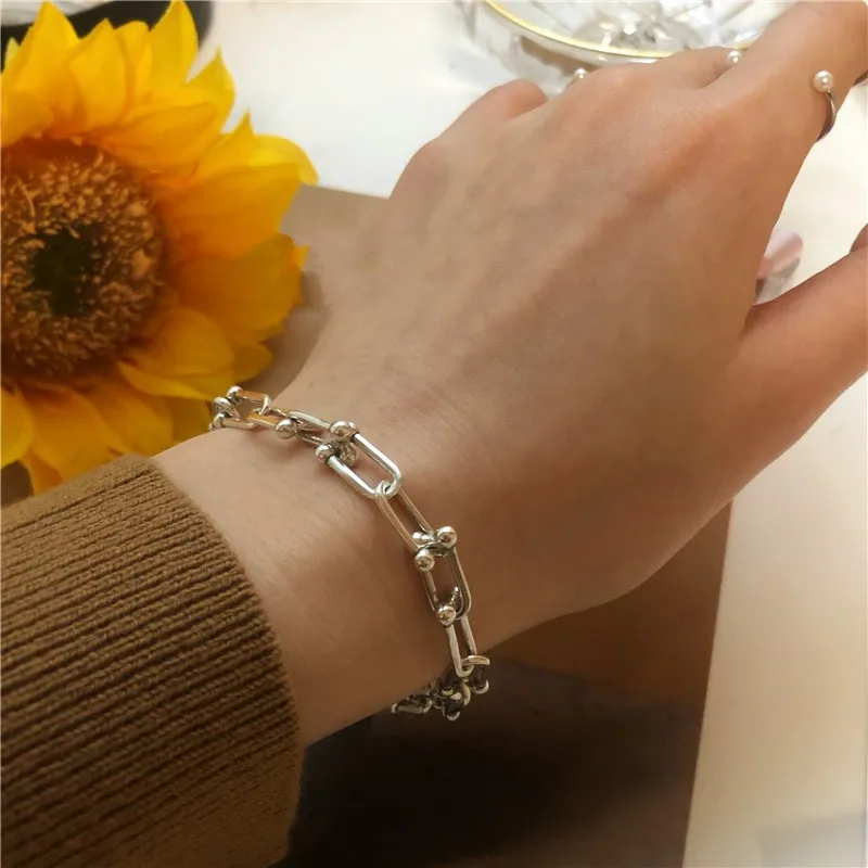 Sam panda 925 Sterling Silver Retro Trendy U-shaped Horseshoe Bracelet for Women Men Vintage Handmade Hasp Bracelet 2021 New - Image 2