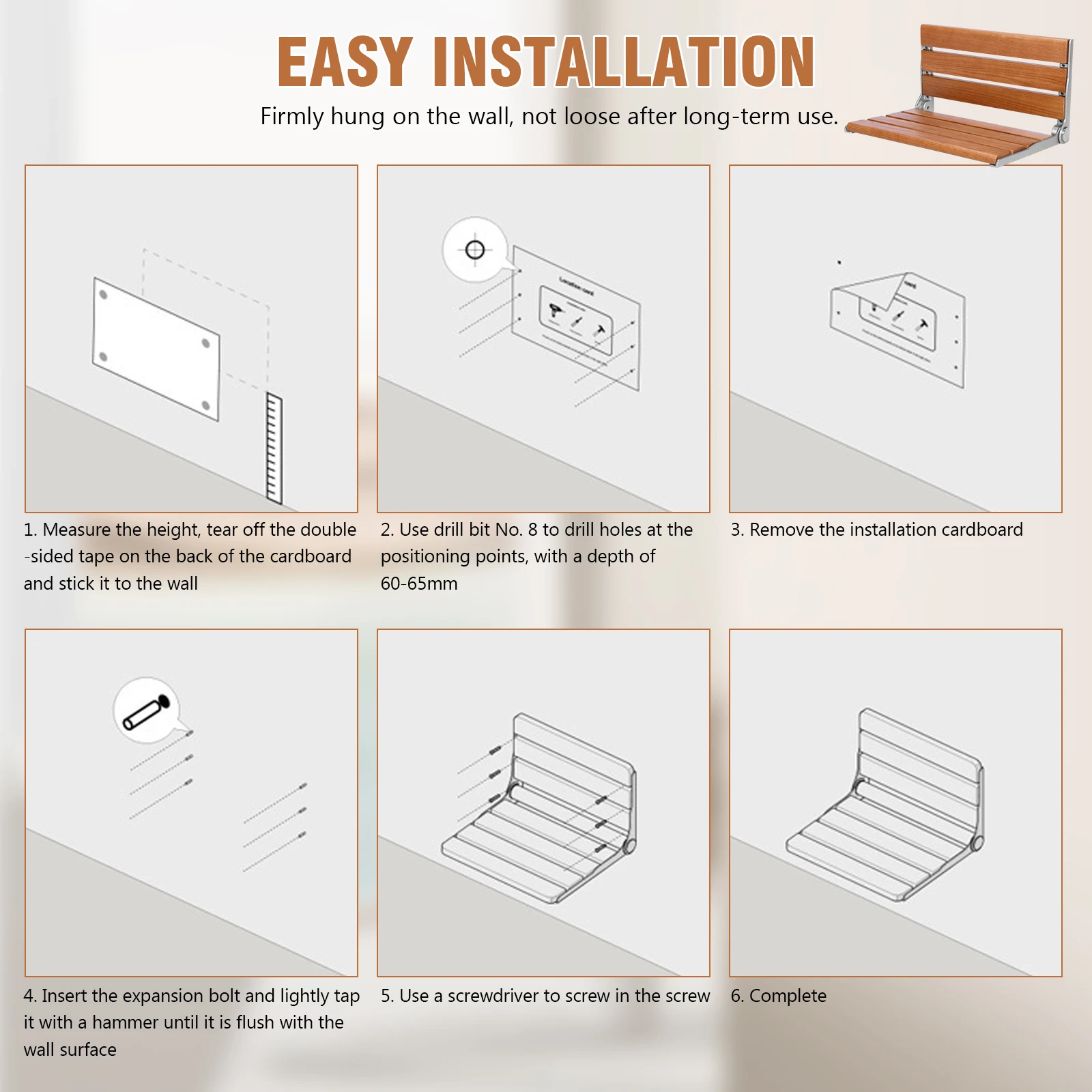 17.7inch Wall-Mounted Folding Shower Seat with Back Wall Mount Foldable Chair Anti-Slip for Elderly Disabled Pregnant