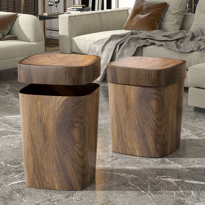 12L Imitation Wood Grain Odor Proof Trash Can Swing Lid Rectangle Garbage Bin Waste Basket for Bathroom Kitchen Office Home