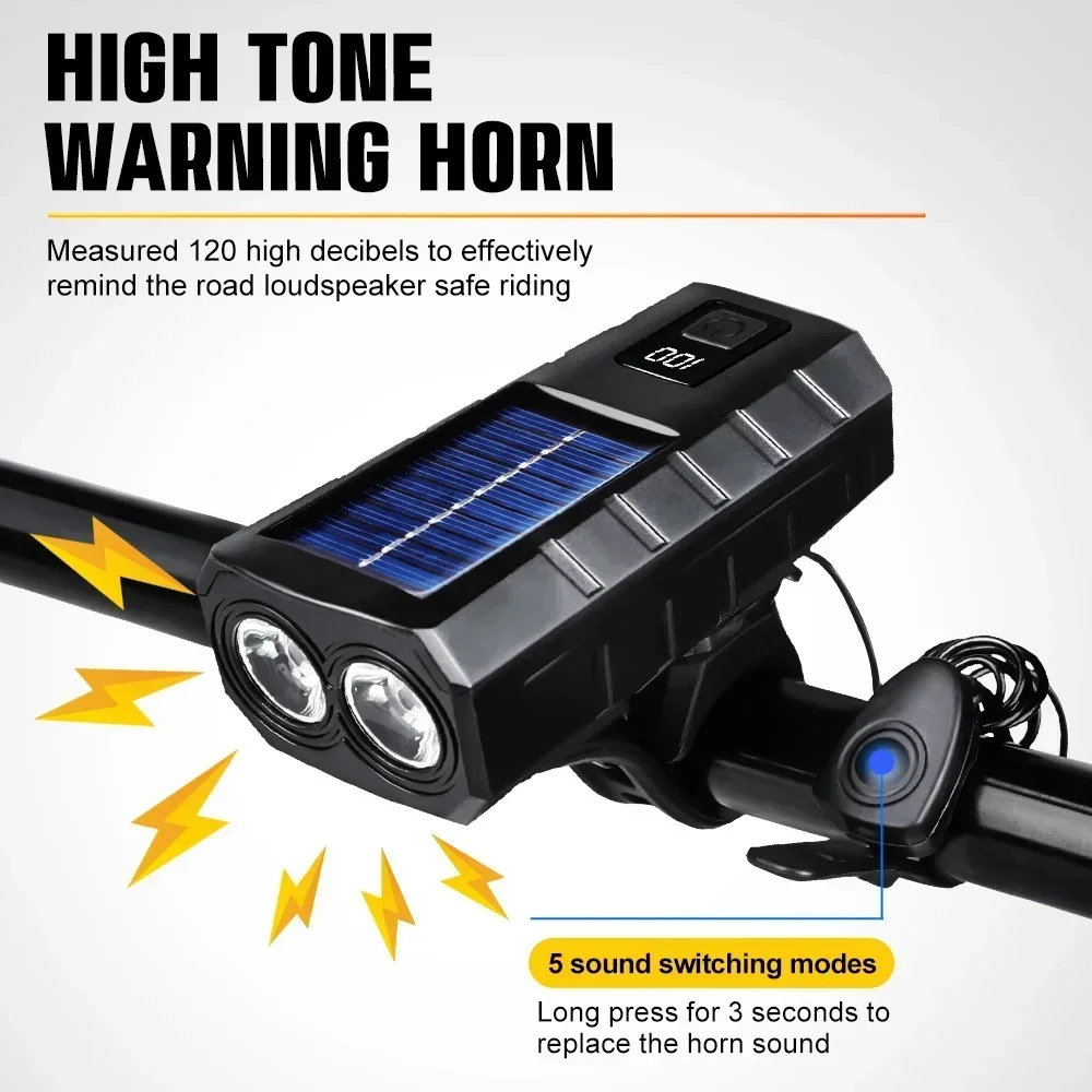 

Солнечный велосипедный фонарь Type-C, перезаряжаемый, 2400 мАч, передний фонарь для шоссейного велосипеда MTB с звуковым сигналом 120 дБ, фонарик для велосипеда