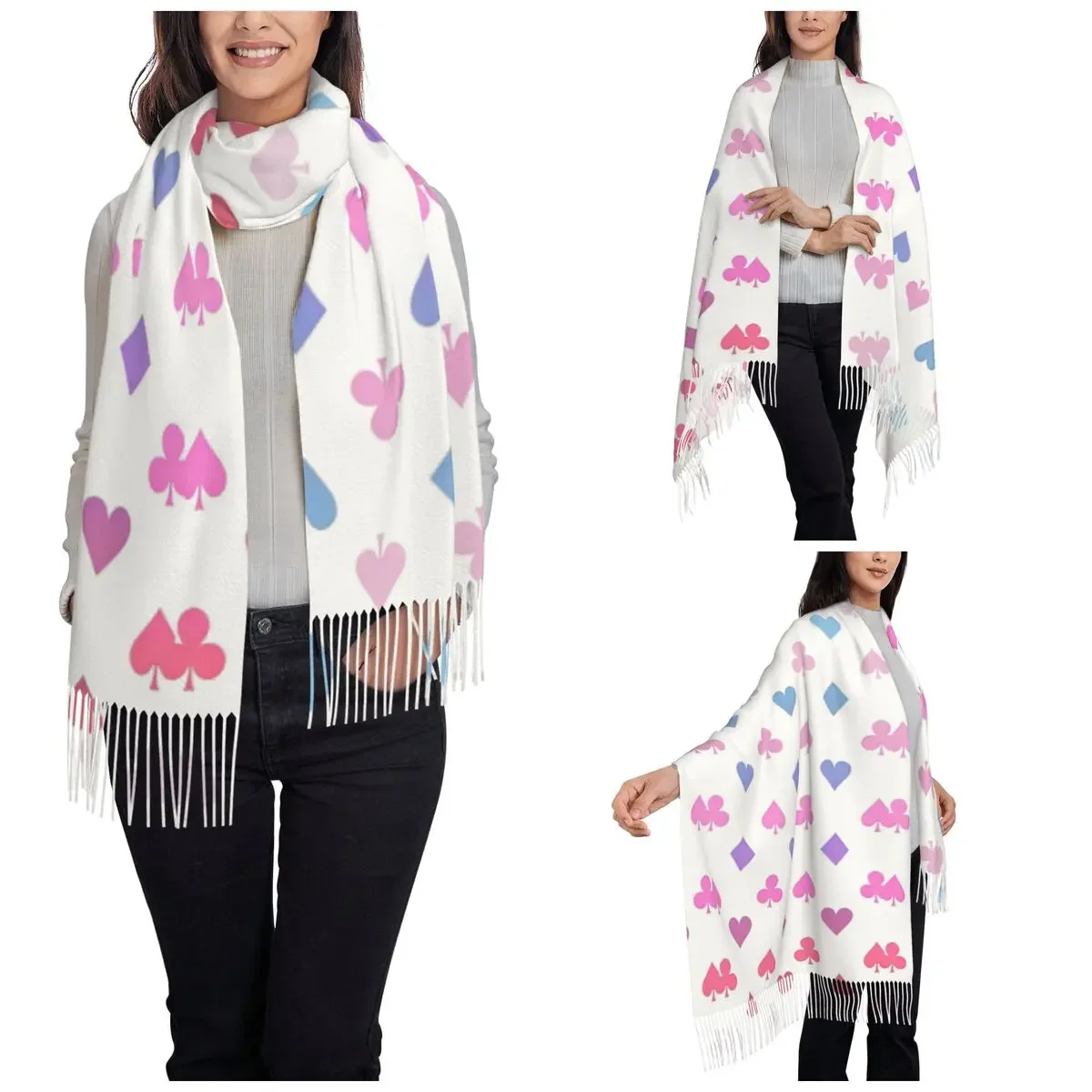 Womens Scarf with Tassel Poker Art Aesthetics Large Winter Warm Shawl Wrap Card Suits Daily Wear Pashmina Scarves