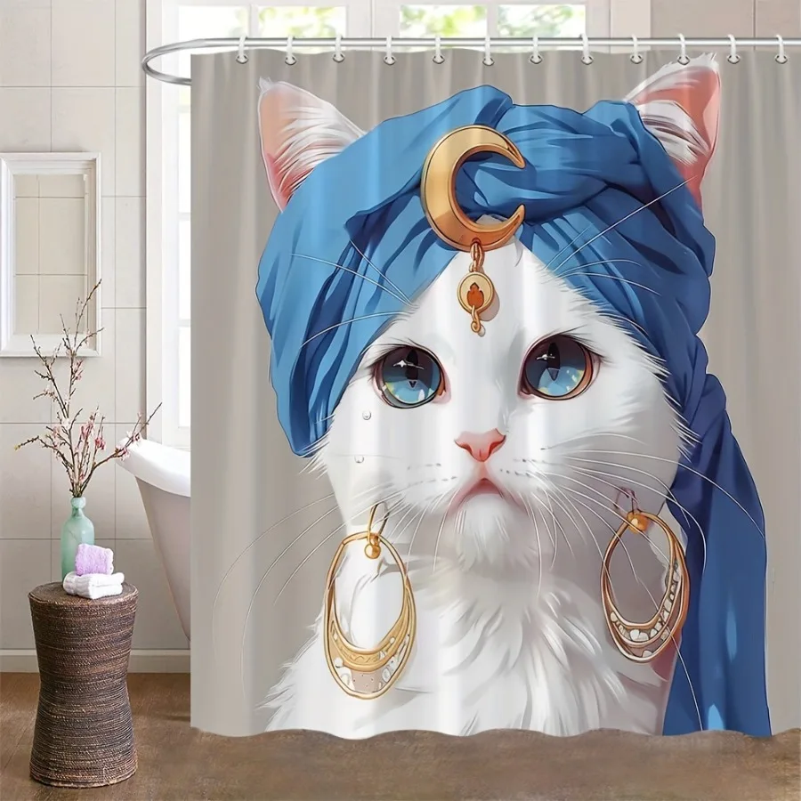 

Тканый полиэстеровый разделитель для ванны с мультяшным котом, деталь в виде полумесяца, украшенные ушками, декор для ванной комнаты на тему животных