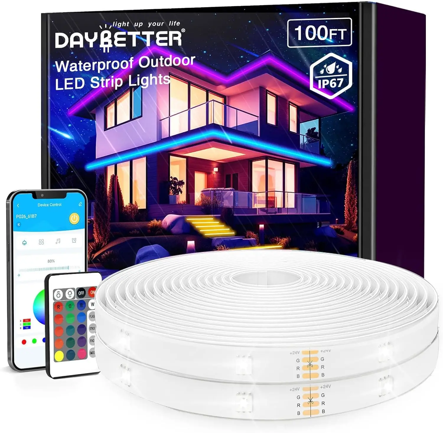 

Waterproof Outdoor LED Strip Lights, 100ft IP67 with Remote & Music Sync App, RGB Color Changing for Patio Pool Decor