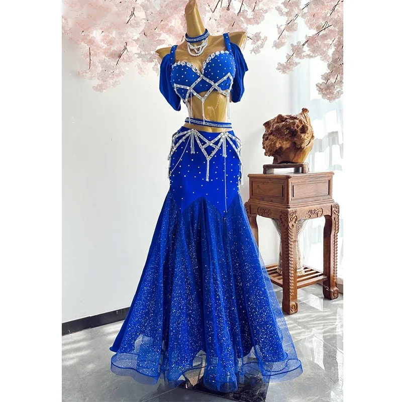 Belt Chiffon Big Swing Skirt Performance Set High-End Custom Adult Child Competition Clothing Belly Dance Suit Diamond Bra