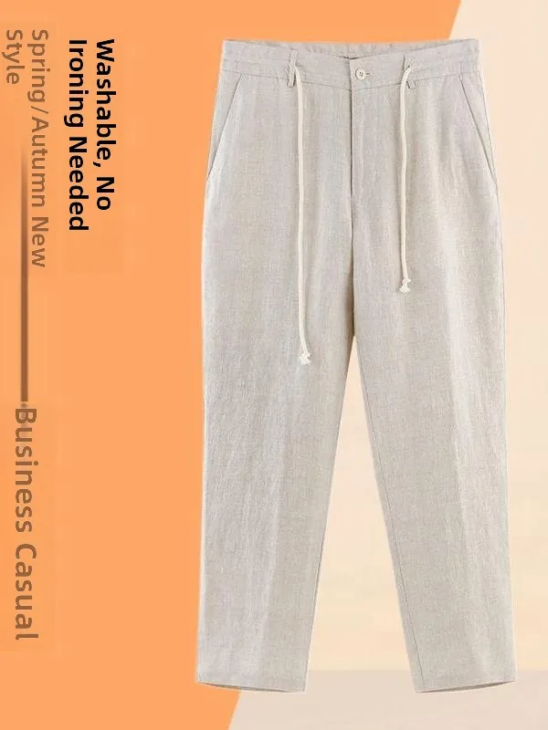 

Легкие льняные повседневные брюки мужские, весенне-осенние, тонкие, свободные, молодежные, укороченные (до щиколотки), J005, повседневный свободный крой