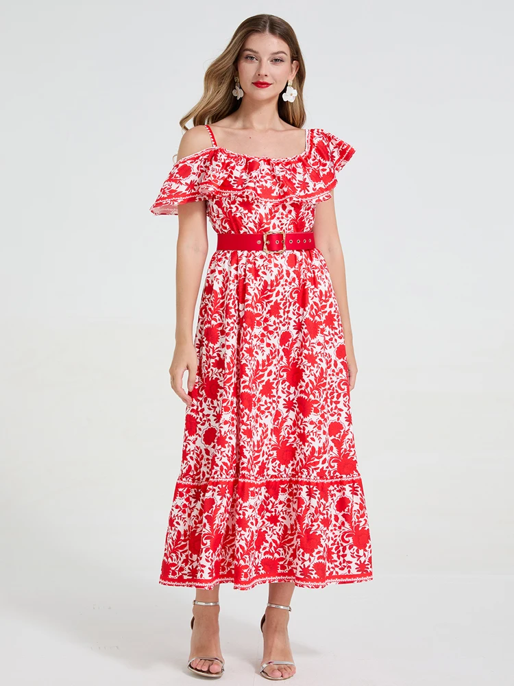 Boho Fashion Rode Print Vakantie Lange Jurk Zomer Mode Dames Sexy Eén Schouder Ruches Elegante Casual Riem Lange Jurk