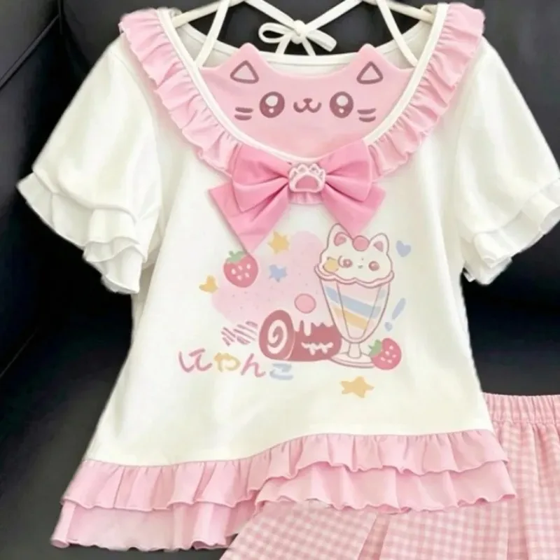 Japanese Pink and White Cute Skirt Set Women with Bow Pom-Pom Detail and Animal Print Sweet Spring Set for Casual Wear 2025 image 4