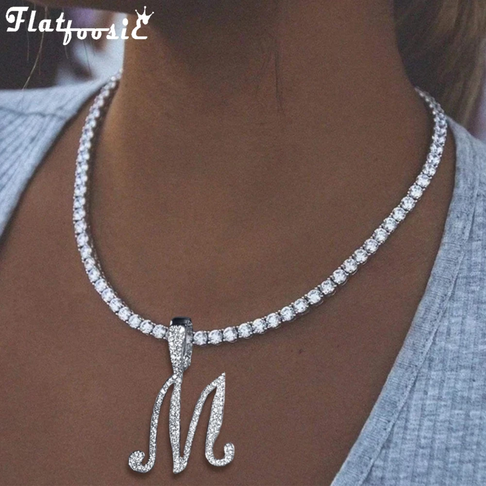 Flatfoosie Iced Out A-Z Cursive Letter Crystal Chain Necklace For Women Bling Rhinestone Initial Choker Necklace Hip Hop Jewelry