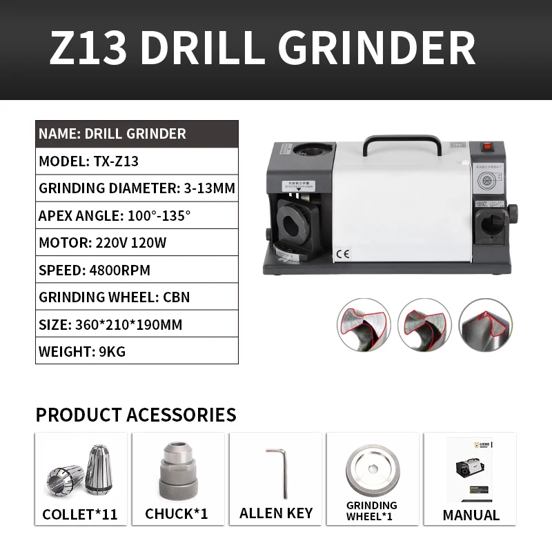 3-13mm Drill Bit Grinder 220V Drill Sharpener Machine CBN/SDC Drill Grinding Machine Twist Drill Bits Sharpening Tool