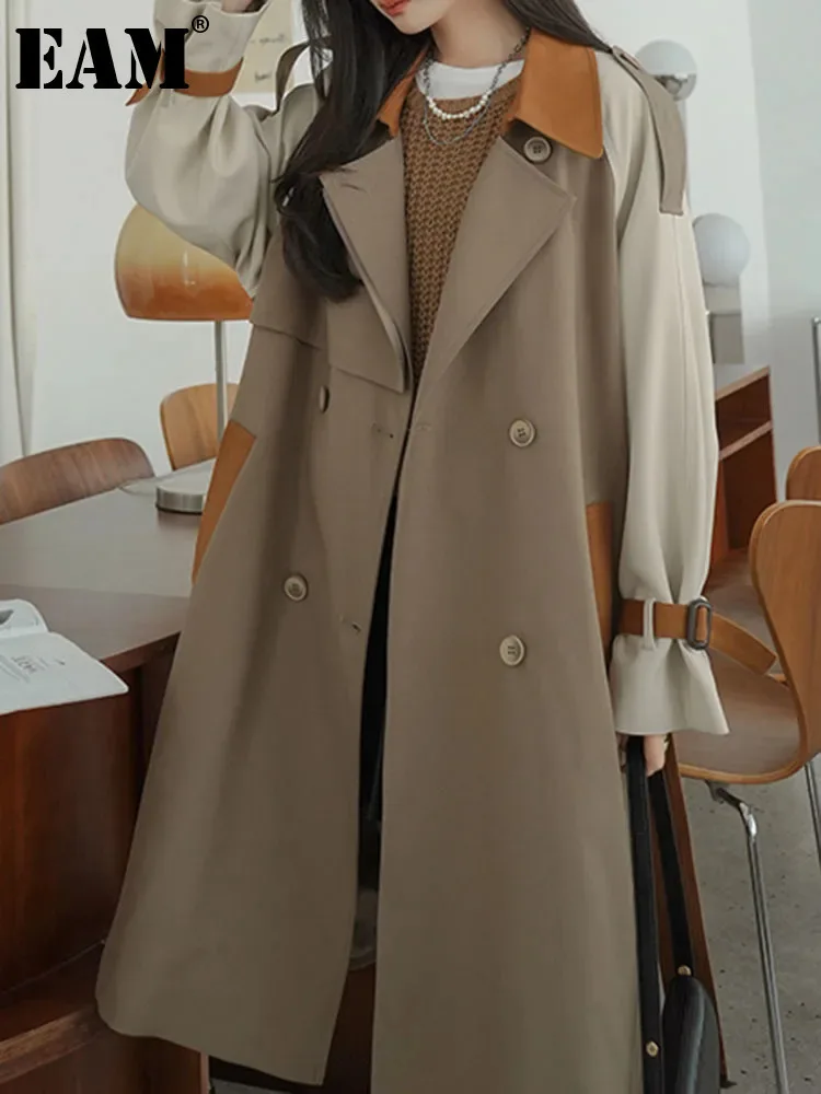 [EAM] Women Khaki Color-block Big Size Casual Blazer New Lapel Long Sleeve Jacket Fashion Tide Spring Autumn 2024  1DH6245