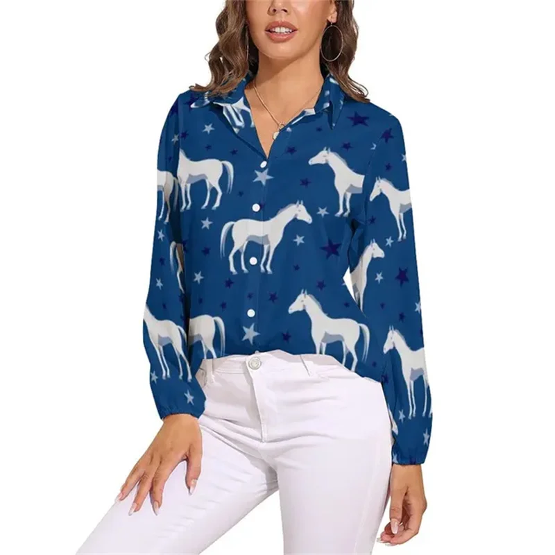 Kleurrijke paardenkunstblouse Damesoverhemden met lange mouwen Geheime paarden Racing Vintage blouses Vrouwelijke straatoverhemden Lente zomer tops