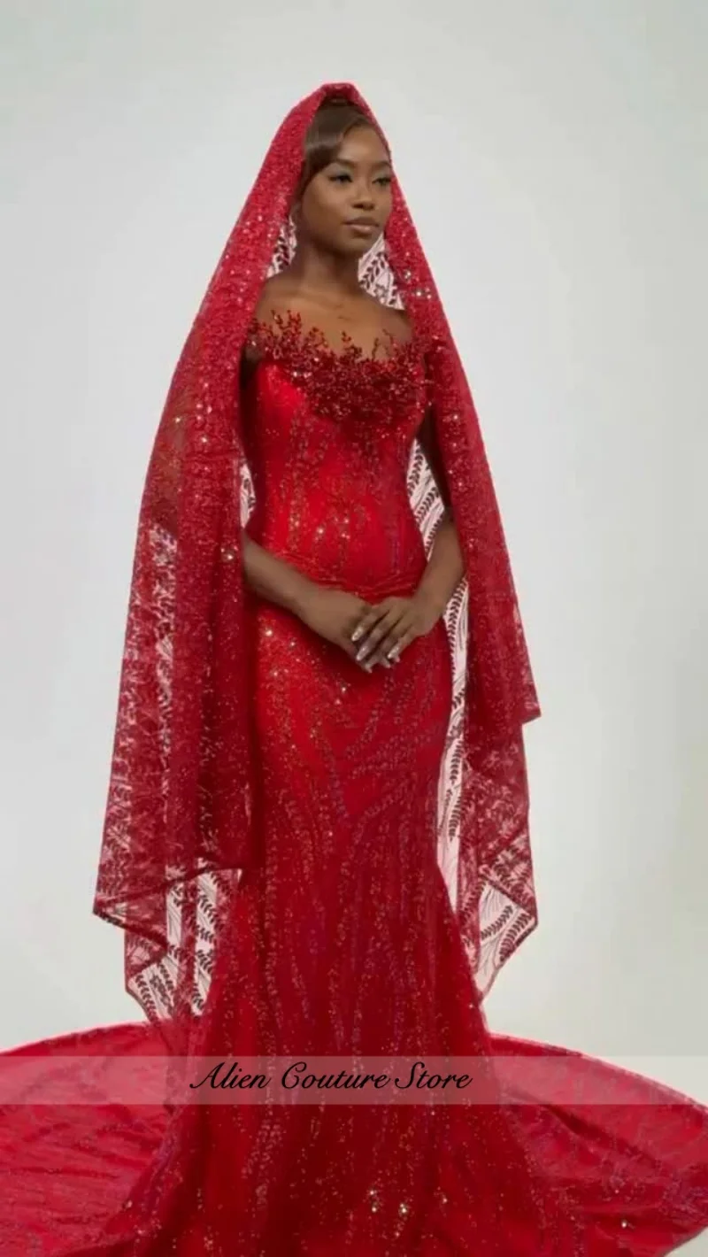 Romantic Red Beaded Mermaid Prom Gown With Matching Veil Women Wedding Party Gown Evening Dress Customized