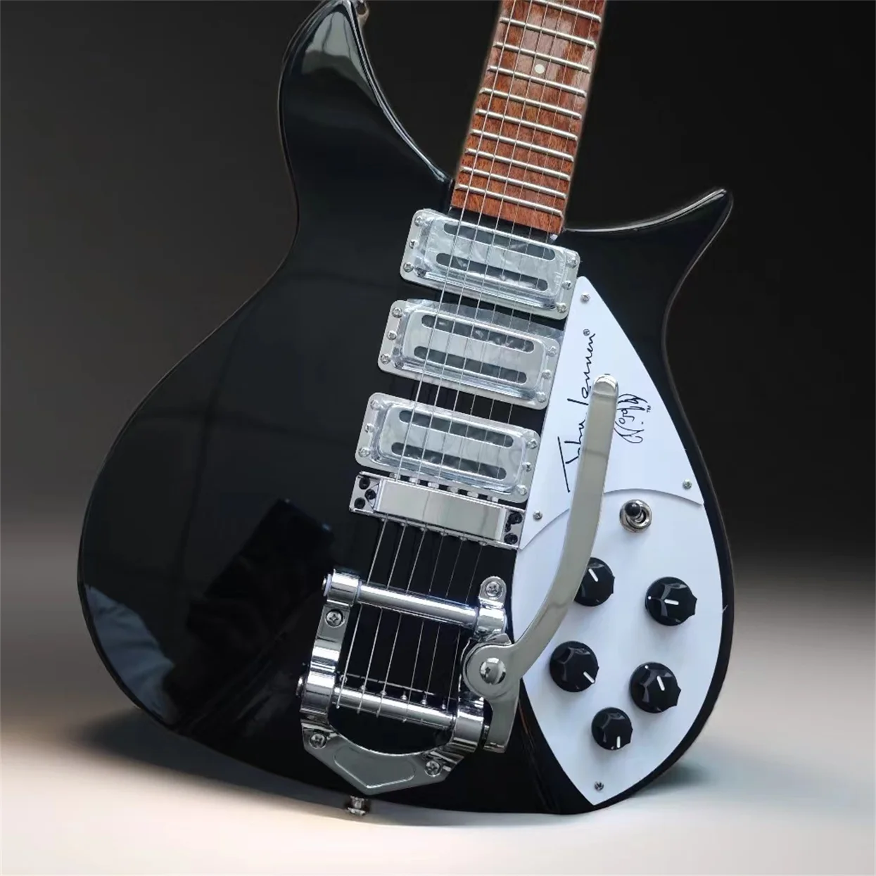 John Lennon 325 6 String Black Electric Guitar , Bigs Tremolo, Gloss Paint Fingerboard, 3 Toaster Pickups