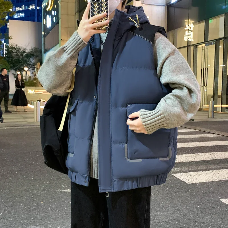 Autumn and Winter Men's Large Vest Korean Edition Sleeveless Thick Down Cotton Warm Men's Hooded Large Vest