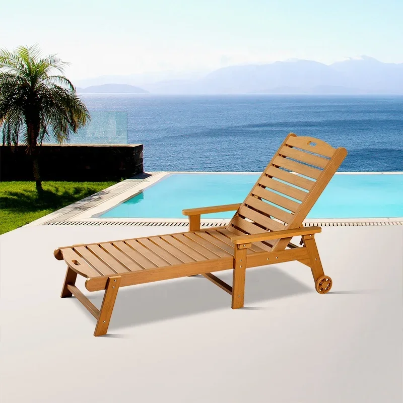New Outdoor Exterior Pool Furniture Garden Beach HDPE Plastic Wood Chaise Lounge Chairs with Wheels