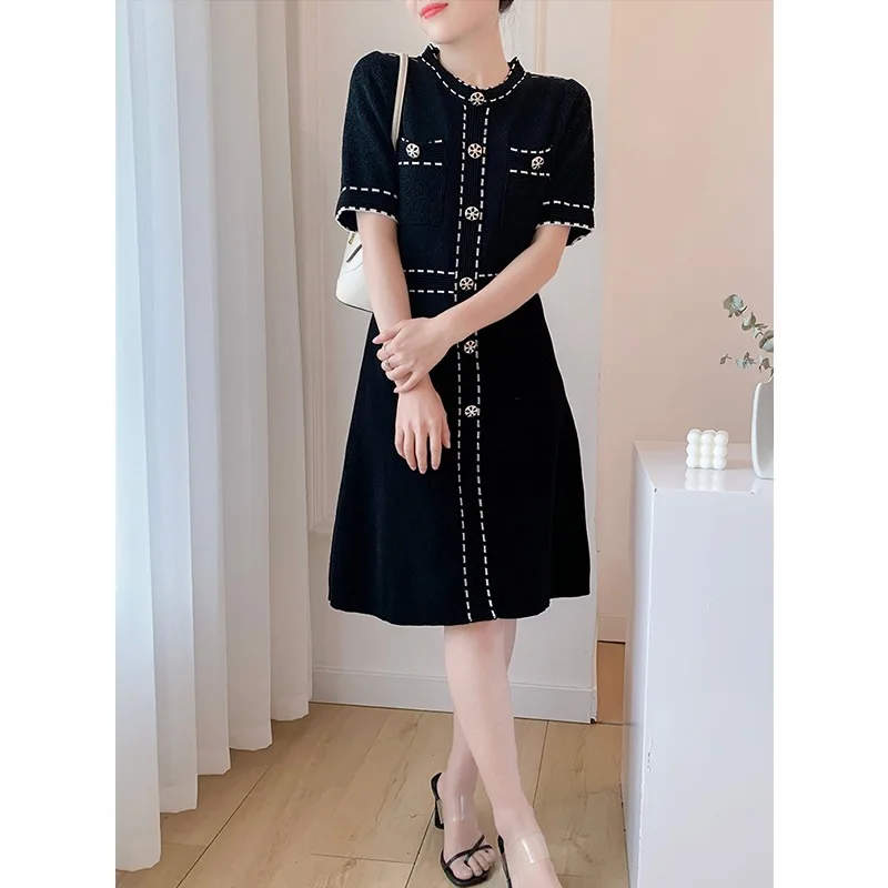 Temperament Knitted Dress Women Summer Vintage Short Sleeve O-neck A-line Elegant Dresses Women\'s Clothing Vestidos Robe Femme