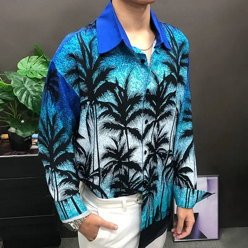 

Gradient Coconut Pattern Shirt Long Sleeve Casual Men Shirt Streetwear Camisa Fashion Masculina Hawaii Shirt Social Shirt Blue