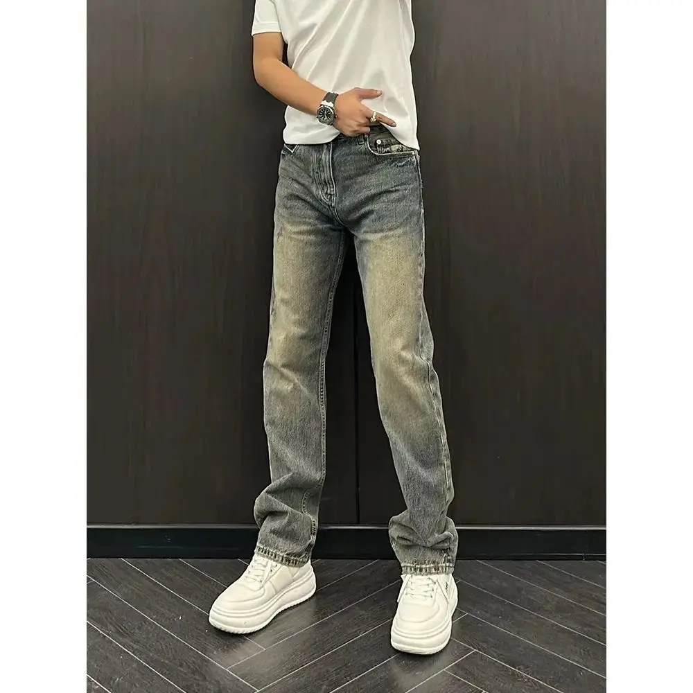 กางเกงยีนส์ผู้ชายสไตล์วินเทจ คอลเลคชั่นฤดูใบไม้ผลิ/ฤดูร้อน 2025 ดีไซน์เนอร์แบรนด์หรู เรียบง่าย สไตล์คาวบอย ทรงตรง ยืดหยุ่น กระชับรูปร่าง