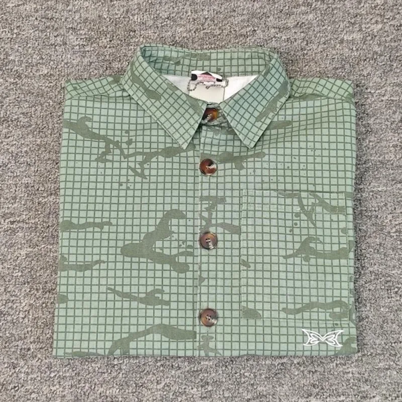 Hip‑hop Green Grid Camo Mertra Shirt Tiny Butterfly Embroidery Loose‑fit Daily Wear Blouse T-shirts