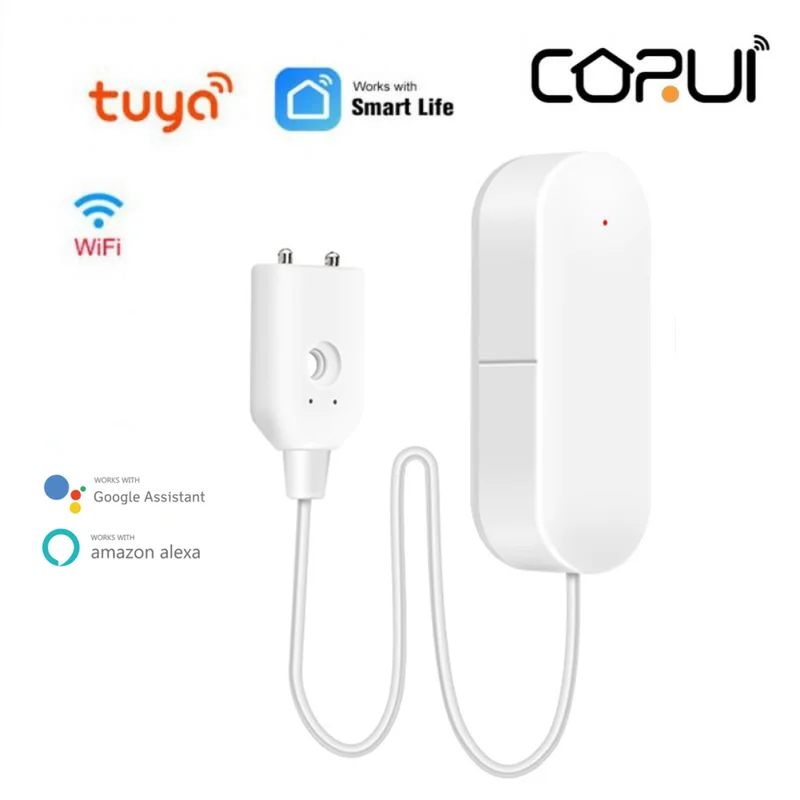 Corui WiFi Tuya เครื่องตรวจจับการรั่วไหลของน้ำอัจฉริยะมีเซ็นเซอร์เตือนการรั่วไหลของน้ำน้ำท่วมใช้ได้กับชีวิตอัจฉริยะ Google Home Alexa