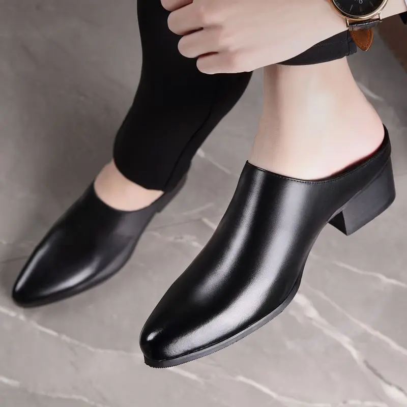 Pointed Men's Sandals Business Casual Dress High Heel Without Heel Leather Shoes Fashion Versatile Bag Head Tide Slippers - view 3