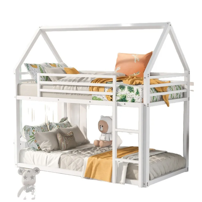 

White modern wooden children's bunk bed, customizable colors, log cabin type with ladder guardrail